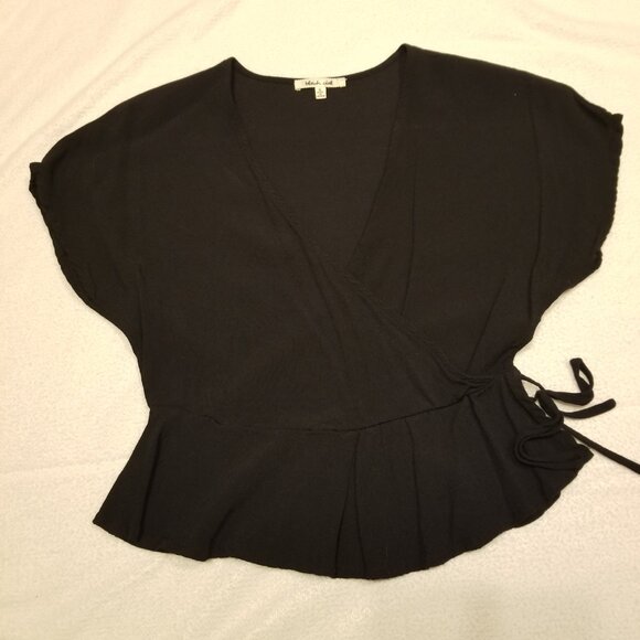 Black Wrap Top Peplum Style Blouse with Tie and Front Pleat Small Bleuh Ciel - Picture 8 of 10